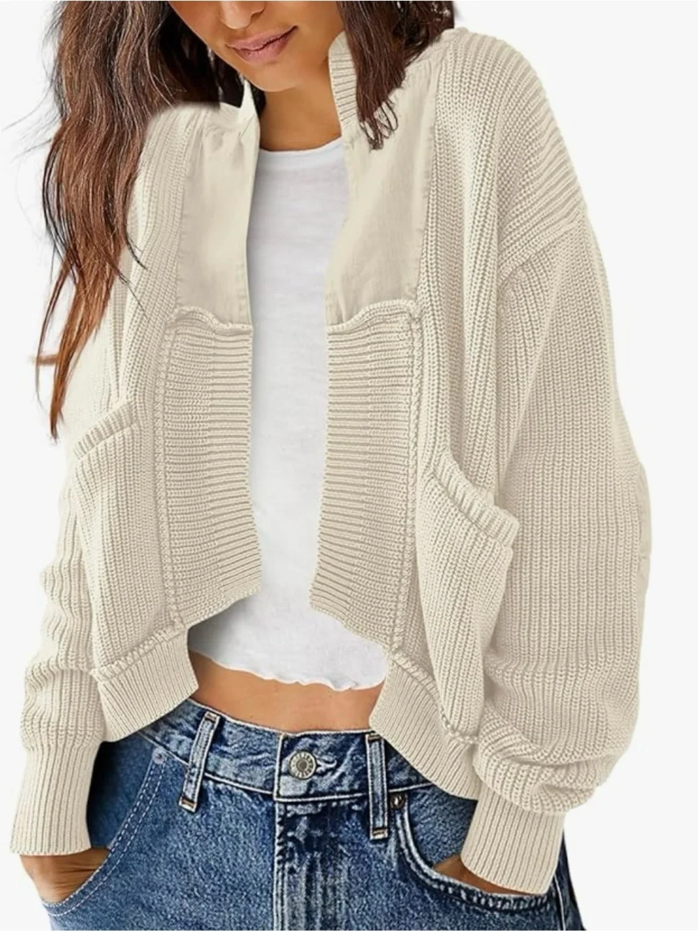 Off-white Open-Front Ribbed Knit Women's Cardigan Sweater with Elbow Patches - Picture 1 of 6